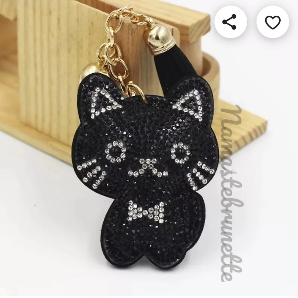 Kitty Cat Crystal Rhinestone Keychain Bag Charm With Black Tassel